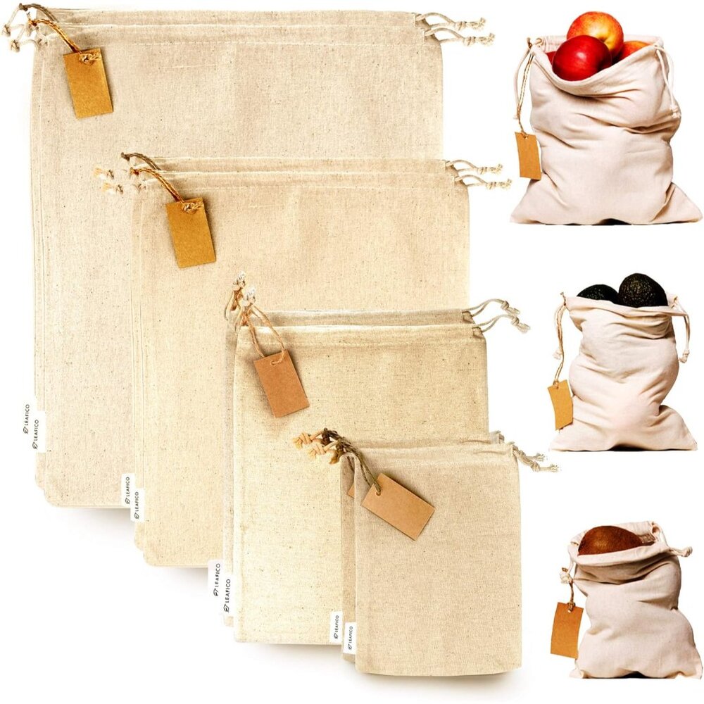 Muslin Cloth Bags with Drawstrings - Set of 8 S, M, L, XL - Reusable Natural Cot